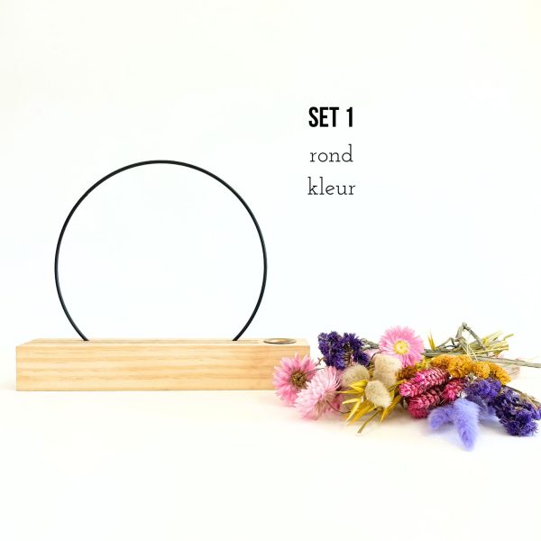 set 1 houten standaard, ronde metalen ring, droogbloemen kleur