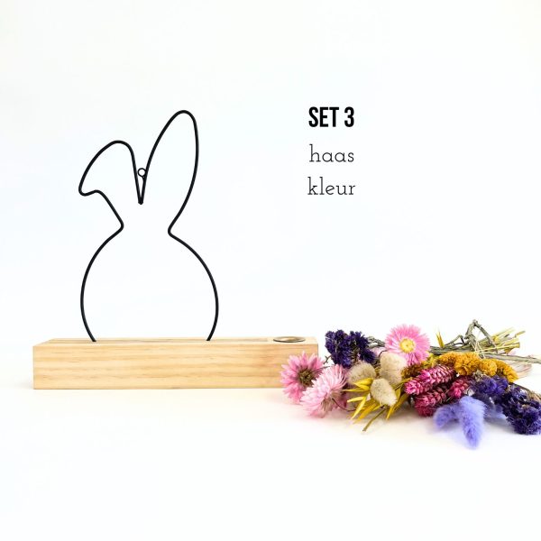 set 3 houten standaard, frame haas, droogbloemen kleur