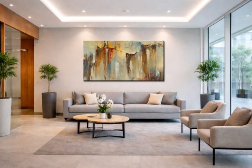 Modern horizontaal schilderij in aardetinten boven een lichte bank